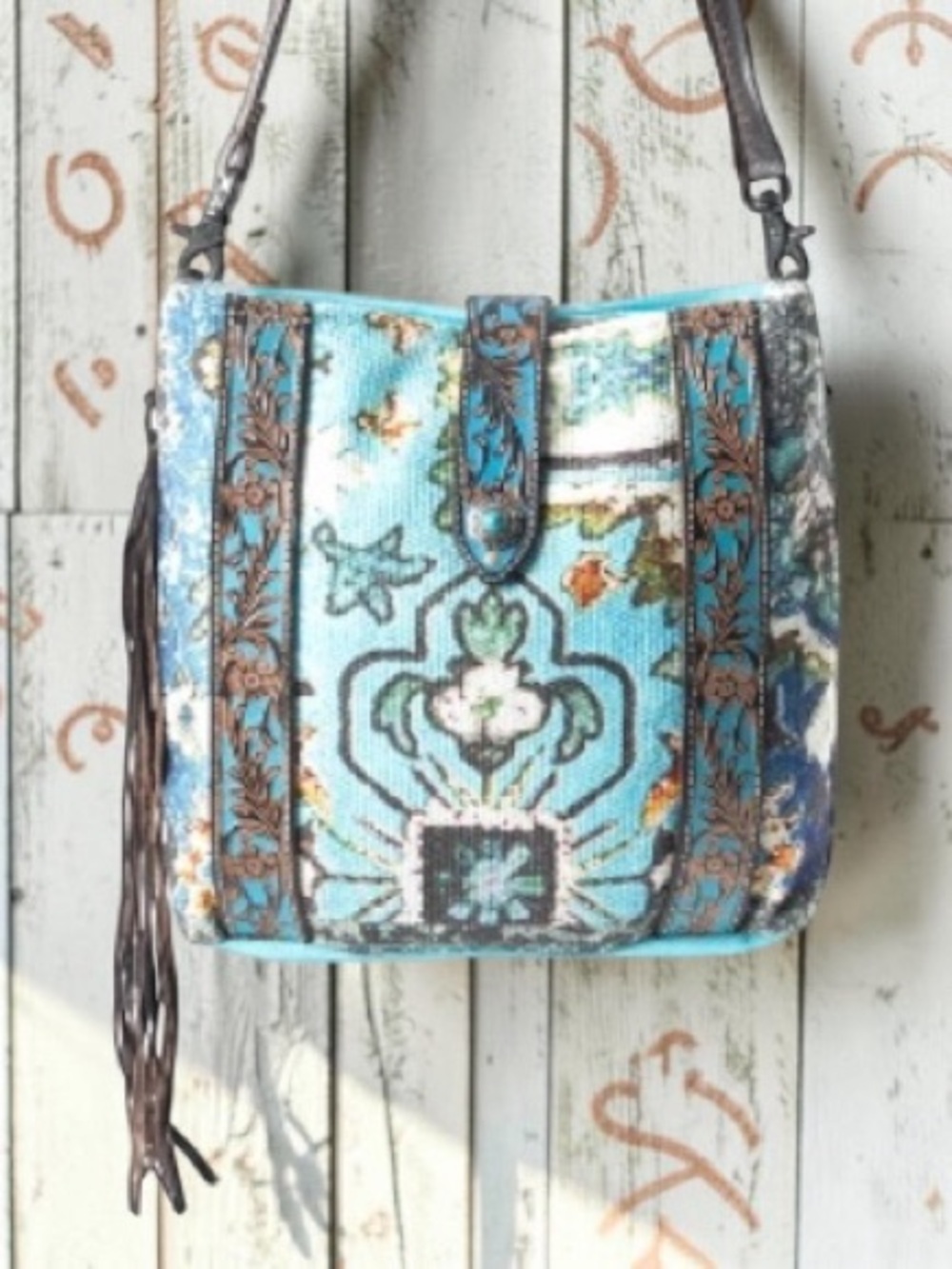 🆕 Cool Mantra - Hand-Tooled - Turquoise Patterned - Shoulder Bag with Tassel